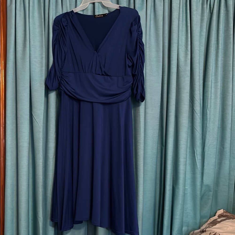 Diane Gilman Blue Ruched V-Neck Bishop Sleeve Dress